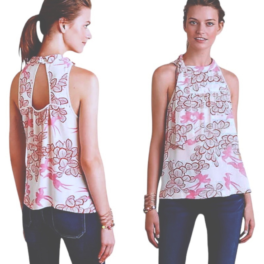 Anthropologie Tie Shoulder Tank Top 6 Medium Birds Flowers Cut Out Back by Mauve